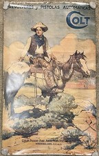 1926 Original Spanish Colt Fire Arms Advertising Poster TEX AND PATCHES 32x19.75 picture