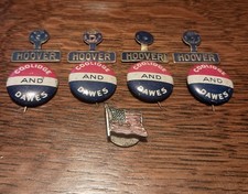 9 Pc Lot 1928 Hoover Tab 1924 Coolidge Dawes Pin Back Buttons Original Flag Pin. picture