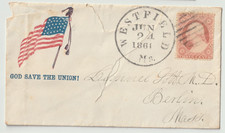 1861 Civil War Patriotic Cover GOD SAVE THE UNION Flag Westfield Mass 3c [torn] picture
