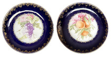 2~Antique Rosenthal Porcelain Cabinet Plates Flowers Fruit Gold Cobalt Blue Rim picture