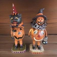 2 Vtg Ret Christopher Radko Halloween Pumpkin Bobbleheads Rare Paper Mache Cat picture