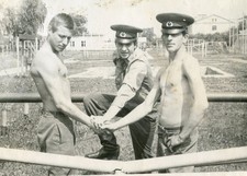 Shirtless Handsome young men soldiers shaking hand bulge beach gay vintage photo picture