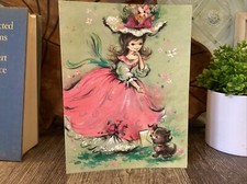 Vintage Girl Mid Mod Friends Dog Floral Greeting Card Retro Mod Very Brady picture
