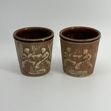 Vintage Otagiri Karate Punch Tiki Mugs Brown Woodgrain Relief Japan 70s Set of 2 picture