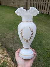Antique French White Opaline Vase Hand Painted Bow And Stars picture