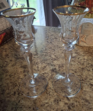 Lot of 2 Vtg lacy leaf floral Etched  Candlesticks Candle Holders EUC gold rim picture
