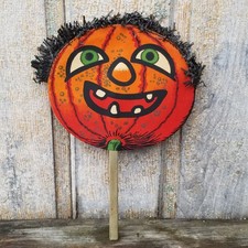 Vtg German Halloween Paper Diecut Pumpkin on Stick w/ Crepe Paper Hair 1920s/30s picture