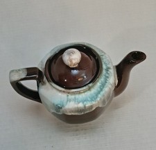 Vintage Hull Style Brown Drip Glaze Mini Teapot -Seafoam Green & White Rim Japan picture