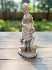 Vintage Porcelain Lady Feeding Geese Figurine Cottage Farmhouse Decor Japan picture