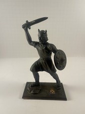 Vintage TERA Denmark Viking Warrior Bronze Finish Statue Enameled Danish Crest picture