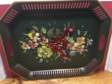 Vtg Nashco  Hand Painted Tole Floral  Green Octagon Pierced Metal Serving Tray picture