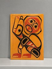 Vintage 1974 Gitksan Tsimshian Native Carved Cedar Plaque Wolf & Moon Nowlin picture