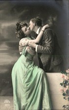 Beautiful Woman Handsome Man Romance Kissing Tinted Dress c1910 Real PhPostcard picture