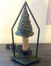 Vintage Rustic Patina Metal Christmas Tree Table Lamp, Corded Pine Cone Shade picture