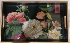 Vintage Michel Design Works Floral Lacquer Serving Tray Hummingbird Black  picture