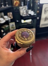 1800s Antique Brass Miniature Trinket Box Compact W/ Purple Enamel Inlay Details picture