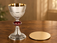 24KT Gold and Nickel Plated Brass Chalice Cup and Paten Set with Grape Pattern picture