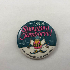 VTG ~ 1992 7th ANNUAL SNOW BIRD JAMBOREE / Logo Promo Button Pinback picture