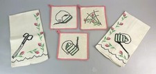 VTG. SET OF 5 Cross Stitch Kitchen Dish Towels + Pot Holders Cottagecore Linen picture