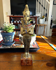 King Tut Egyptian Pharaoh Metal Figurine Painted Collar Hieroglyphs Wood Base picture