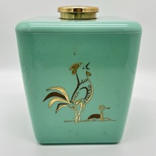 Vintage MCM Turquoise Aqua Plastic Kitchen Canister Gold Rooster Lid Retro picture