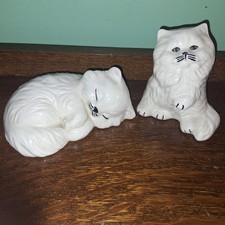 Vintage Persian White Ceramic Cat Green Eyes Sitting And Sleeping Statue Set 2 picture