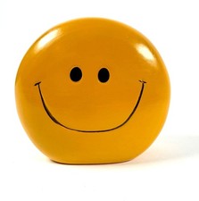Vintage Ceramic Retro Yellow Smiley Face Coin Bank 1990s Style w/ Plug Read picture