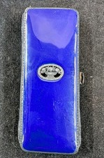 Antique Art Deco Blue Enamel Ladies Cigarette Case Leather Interior Basket Urn  picture
