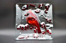 Vintage Tii Collection Art Glass Red Cardinal Tray Winter Scene Berries Snow picture