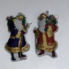 Vintage 2 Silk Embroidered Plush Santa Claus picture