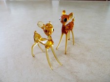 Vtg. Amber Hand Blown Glass Miniature Deers - One Rhinestone Eyes Set Of 2 -MCM picture