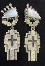 Navajo TONEY MITCHELL Sterling Silver INLAY SHELL EARRINGS with Cross 33.87g picture