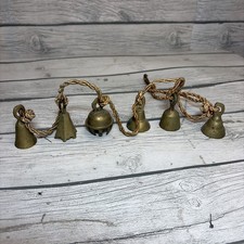 Set of 6 Vintage Sarna Style Indian Brass Bells on Rope Hand Etched Boho Decor picture