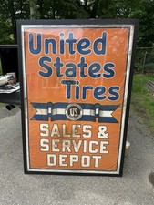 VINTAGE  1920- 30’s U.S. Tires Service Sign Framed GAS STATION BANNER Cloth 5ft picture