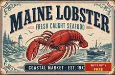 Maine Fresh Caught Seafood Sign Vintage Lobster Shack Diner Metal Tin Plaque Art picture