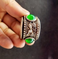 Collectible Old Tibet Silver Carved Kylin Inlaid Green Jade Finger Ring 22mm picture