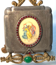RARE Antique 800 SILVER Hand Painted 3 BEAUTIFUL WOMEN *Jeweled* Compact GLASS picture