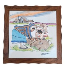 Art Alaskan Inuit Women Scraping Hide Framed Ceramic Tile 8x8 1982 Multicolor M9 picture