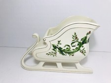 Santa Sleigh Xmas Candy Dish Green Holly Holiday White Porcelain FTD 9x6x3 picture