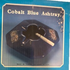 Cobalt Blue Tobacco Ashtray Made in Taiwan Glass Collectible Barware Decor picture