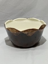 Scalloped Pottery Planter China Craft Brown Drip Glaze Bowl 4” Tall X 7 Across picture