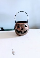 VTG Hosley USA Metal Jack-O'-Lantern Tealight Candle Holder Copper Halloween picture