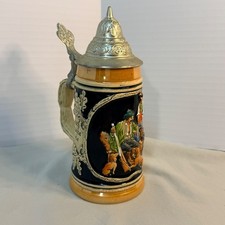 Vintage German Beer Stein Lidded Ceramic Hunting Scene Hunter Dogs Germany 7.75