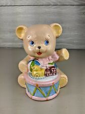 Vintage Enesco Ceramic Stitched Teddy Bear with Drum and Toys Coin Bank 6 Inches picture