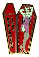 HOOTERS SEXY HALLOWEEN GREEN GIRL IN COFFIN 2006 LAPEL PIN - BATS picture