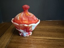 Vintage Imperial Glass Red White Slag Winged Scroll Covered Candy Dish Bowl 5in picture