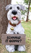 Adorable Grey Schnauzer Dog Sitting With Jingle Collar Greetings Sign Statue picture