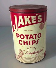 Vintage 1930s Jake's Potato Chips 1 Lb Tin Drennon Atlanta GA Advertising w/ Lid picture