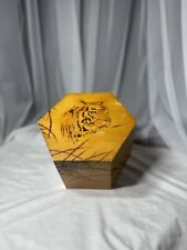 Antique Wood Burn Etched Tiger Octagon Red Velvet Lined Trinket Box RARE  picture