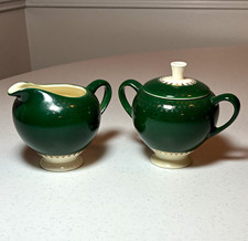 Vintage Salem 23K Gold Green Ivory Ceramic Creamer & Lidded Sugar Bowl Set picture